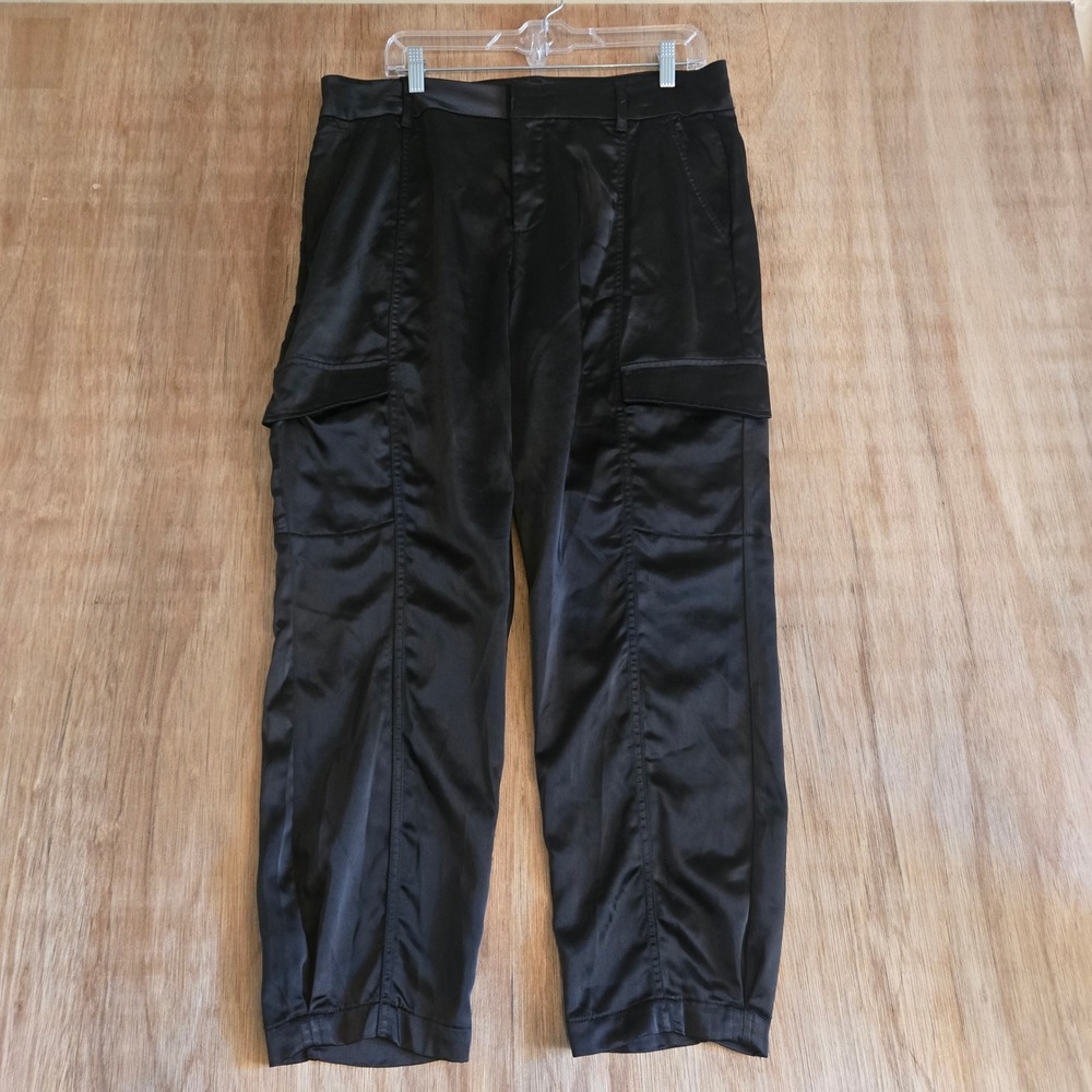 Streetwear Black Satin Cargo Pants High Rise Utility Hip Hop Clubwear Size 31